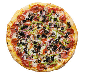 supreme pizza shot top down and isolated