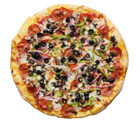 supreme pizza shot top down and isolated