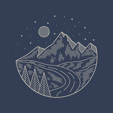 recommend clip art: Night in the nature graphic illustration vector mono line art t-shirt design