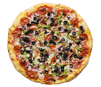 supreme pizza shot top down and isolated