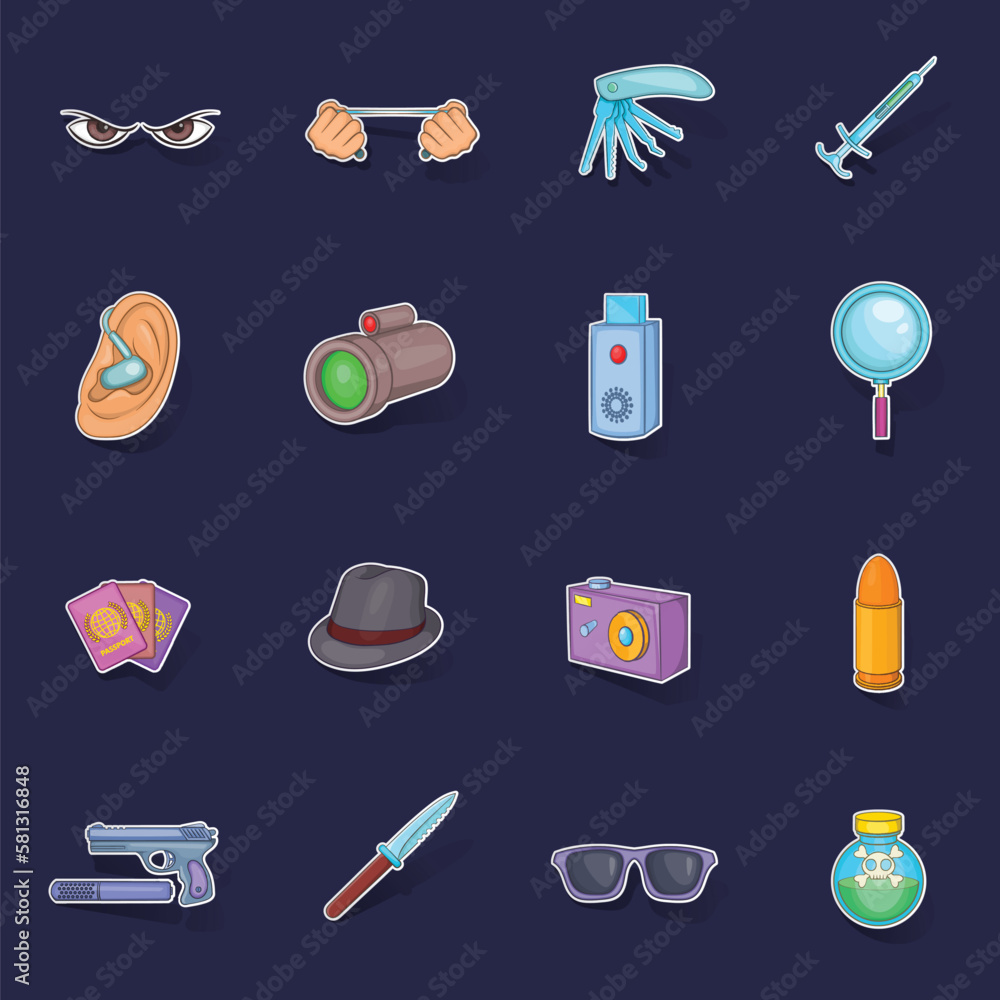 Poster spy and security icons set stikers collection vector with shadow on purple background