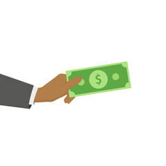 Hand holding money. Banknotes, dollars, business. Vector illustration in flat style. Isolated on white background.