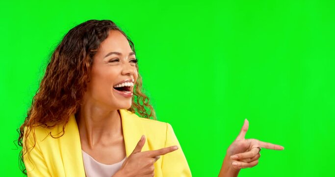 Flirty, laughing and woman with finger guns on a green screen isolated on a studio background. Mockup, flirtatious and girl with a hand gesture for attitude, greeting and expression on a backdrop