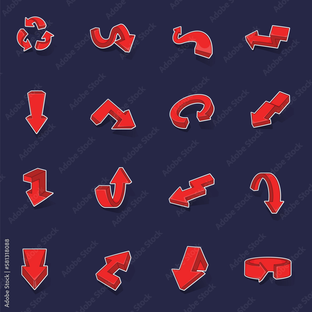 Poster arrow icons set stikers collection vector with shadow on purple background