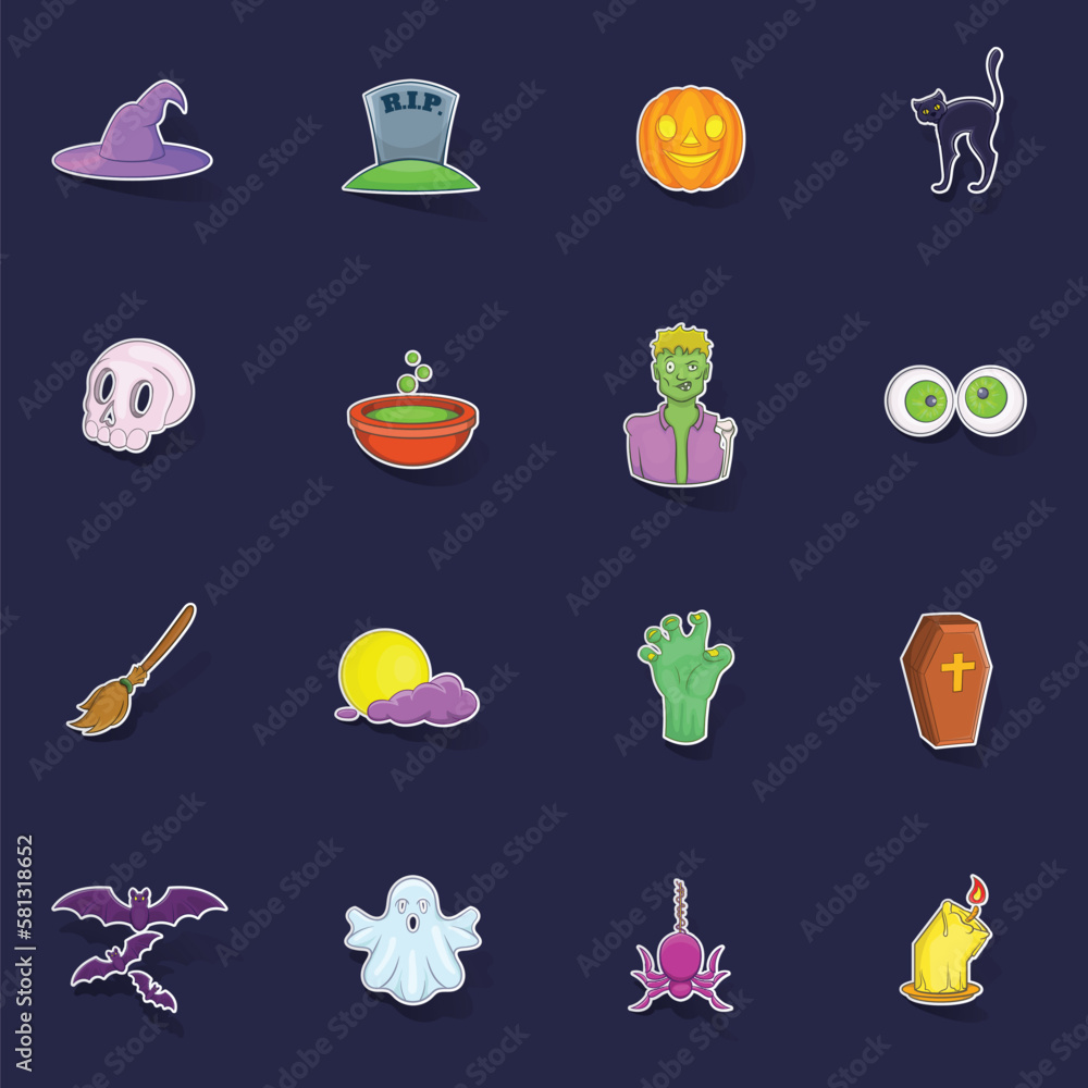 Wall mural Halloween icons set stikers collection vector with shadow on purple background - Wall murals