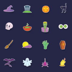 Halloween icons set stikers collection vector with shadow on purple background