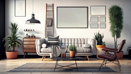 Warm toned living room interior wall art frames mockup, empty canvas, gray sofa, wood cabinet, modern living room with furniture.