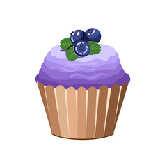 Cream cake decorated with blueberries, isolated on a white background.Vector illustration of dessert for restaurant menus, pastry shops,textiles.