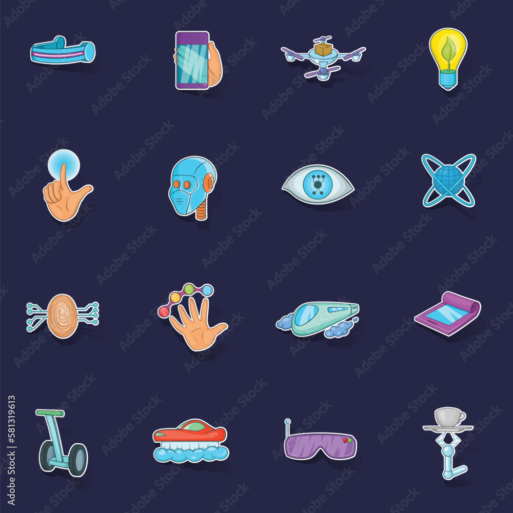 Poster new technologies icons set stikers collection vector with shadow on purple background