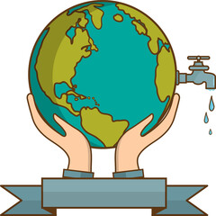 Water world day with hand hold faucet or water tap with a drop of water out to earth and save water  illustration
