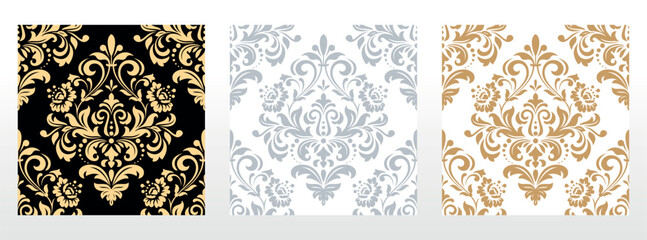 Wallpapers in the style of Baroque. Seamless vector backgrounds. Set of colored floral ornaments. Graphic patterns for fabric, wallpaper, packaging. Ornate Damask flower ornaments