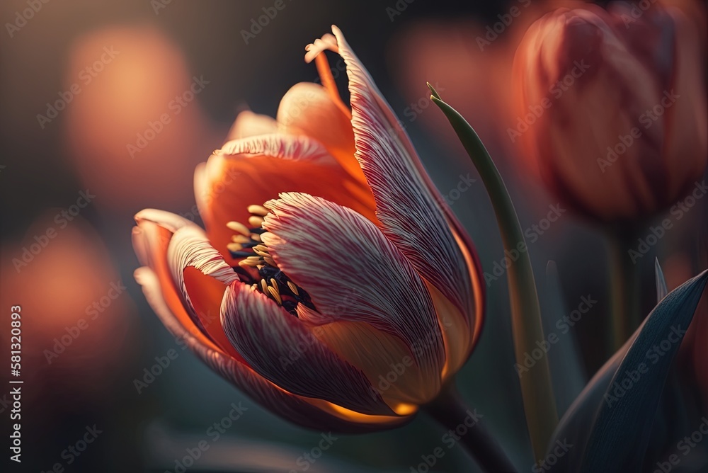 Poster a hazy close-up of a flowering tulip flower generative ai