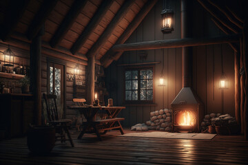 a cozy cabin in the woods with a warm fire, representing the comfort and simplicity of a rural lifestyle