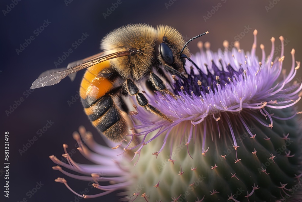 Poster a close-up of a bee visiting a thistle flower for some pollen and nectar. generative ai