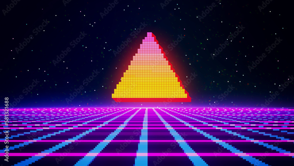 Aufkleber retro cyberpunk style 80s game scene pixel art 8-bit sci-fi background. futuristic with laser grid l
