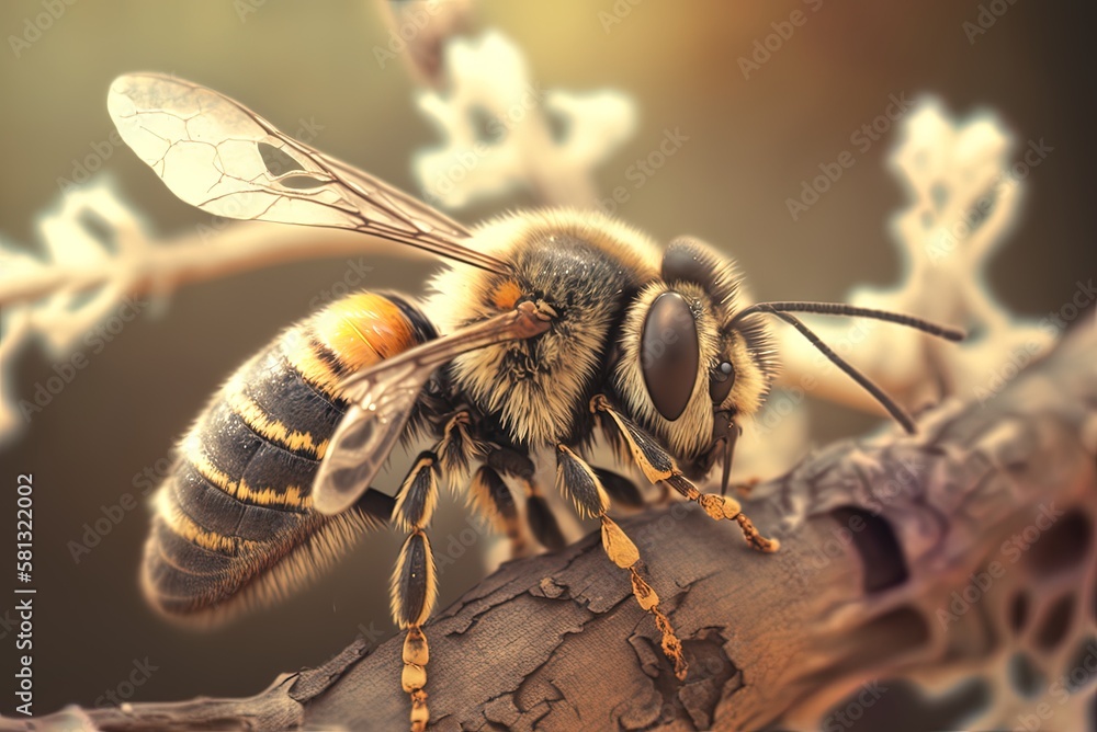 Poster bee up close on a tree branch generative ai