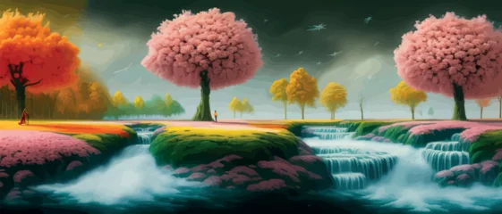 Photo sur Plexiglas Violet pâle Surreal landscape with abstract colorful multicolored trees and clouds, melting islands near the ground. Vector illustration, dreamy surreal fantasy landscape, vegetation lush flowers, pastel colors