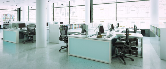 Büroeinrichtung eines offenen Großraumbüros - 3D-Visualisierung