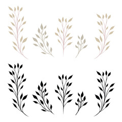Fototapeta na wymiar Vector set of branches with foliage isolated from the background. Collection of flat style stems with leaves and black silhouettes
