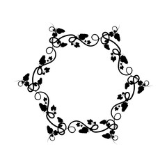 Hexagonal frame for wine packaging. Bunch of grapes with leaves and tendrils. Autumn harvest. Advertising label with berry silhouette. Simple flat vector