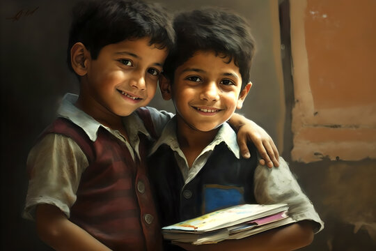 Two classmates or kid brothers, children, best friends portrait, smiling and laughing to the camera, close up, very happy and close friendship and brotherly bond