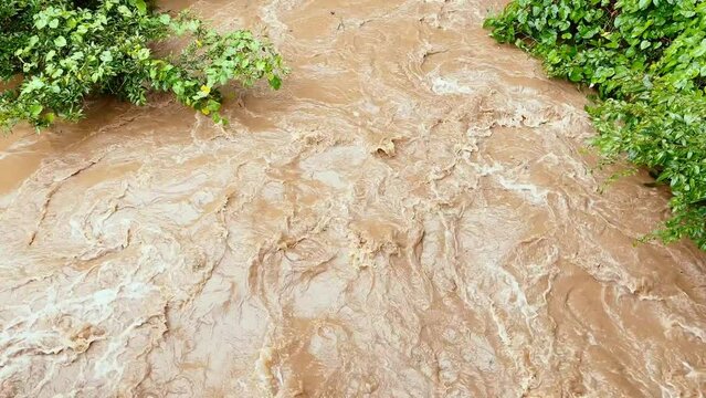 Slow tilting shot showing the flooded river in Caimito district, Panama Province