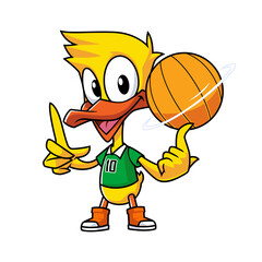 Cute duck cartoon playing basketball on finger vector illustration