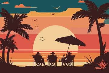 Summer tropical background. Sunset or sunrise colors. Beautiful orange sky and nature landscape with three people on sun loungers silhouetted. Flat style vector illustration.