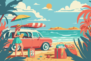 Girl with a book on the beach near a retro car with vacation bags. Summer vacation flat vector illustration.