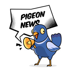 Funny pigeon cartoon holding megaphone with comic bubble text space