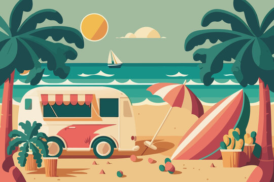 Summer vacation surf bus sunset tropical beach retro surfing vintage greeting card. Horizontal flat vector illustration.
