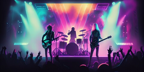 Fototapeta na wymiar Rock music band performing with female guitarist, drummer and male singer with scene stage orange purple and yellow lights with colorful smoke rock show performance, people silhouette, Generative AI