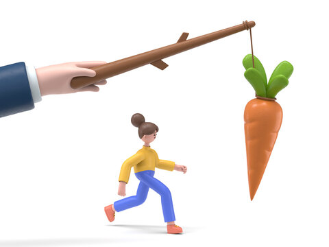 3D illustration of smiling Asian woman Angela running for bait,Big hand holds carrots on stick.Incentive concept. Business metaphor. Personnel management leadership. Motivate people. 3D rendering on w