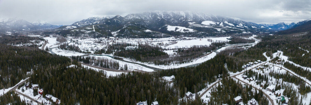 Elk Valley Fernie British Columbia Canada East Kootenay Region Winter Scene of River City and Canadian Rockies