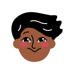 Cute cheerful boy avatar. African American schoolboy in good mood. Child face portrait with positive facial expression hand drawn doodle sketch vector illustration isolated on white