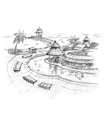 illustration of resort and the sea pencil drawing for card illustration background