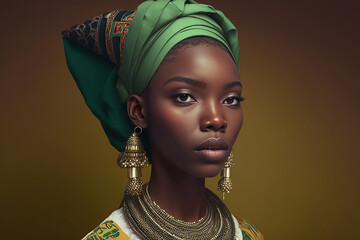 Sensual black woman wearing African national costume isolated on green background. Generative AI.