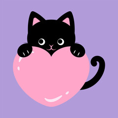 vector background with a black cat and heart for banners, cards, flyers, social media wallpapers, etc.