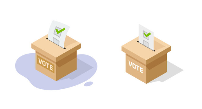 Vote election box icon 3d isometric vector graphic illustration, ballot urn with register check form modern design, poll paper clipart image