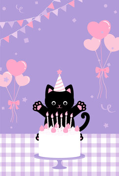 party vector background with a black cat, birthday cake and balloons for banners, cards, flyers, social media wallpapers, etc.