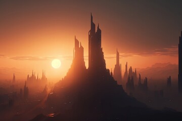 Naklejka premium Generative AI of beautiful sunset over the ancient city in the fog