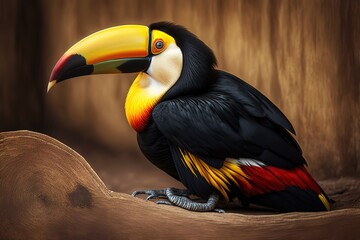 A yellow, red, and black colored toucan bird resting on the brown floor. Toucans are members of the Neotropical near passerine bird, AI generated