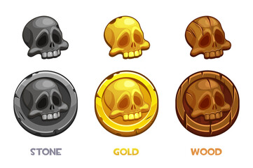 Pirate black mark, gold, wooden, stone coins with a skull