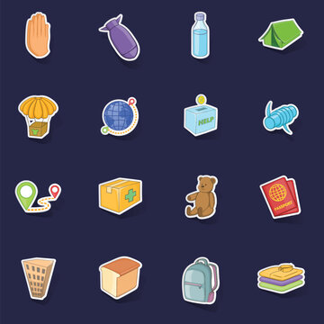 Refugees icons set stikers collection vector with shadow on purple background