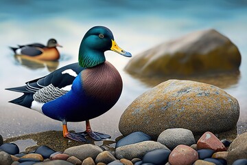 A male mallard duck, a colorful water bird, standing on a lake beach with pebbles among two black Eurasian coots. Blue water in the background  - obrazy, fototapety, plakaty