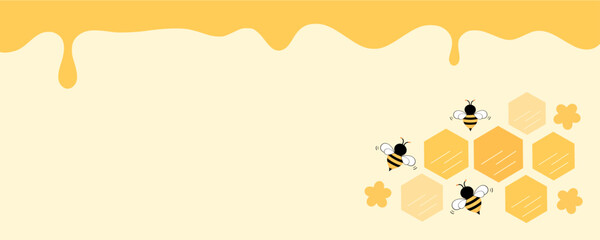 Beehive honeycomb with hexagon grid cells, bee cartoons, cute flower and honey drops on yellow background vector.