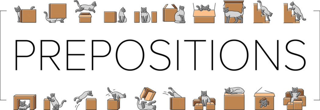 preposition english language icons set vector