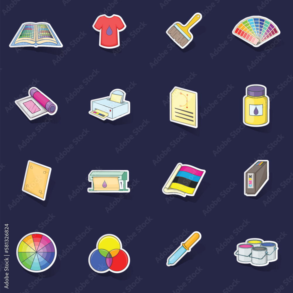 Poster print process icons set stikers collection vector with shadow on purple background