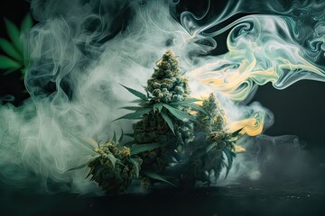 Close-up of green marijuana buds in smoke. Photo generative AI