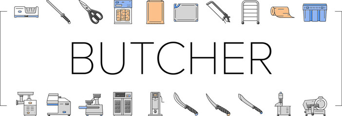 butcher food meat beef icons set vector